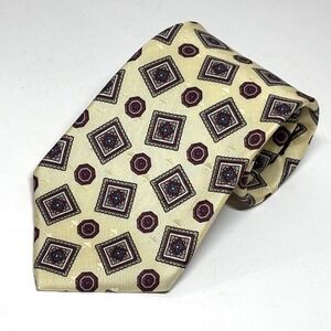 Vtg Zylos George Machado Necktie Mens OS Yellow‎ Silk Geometric Medallion